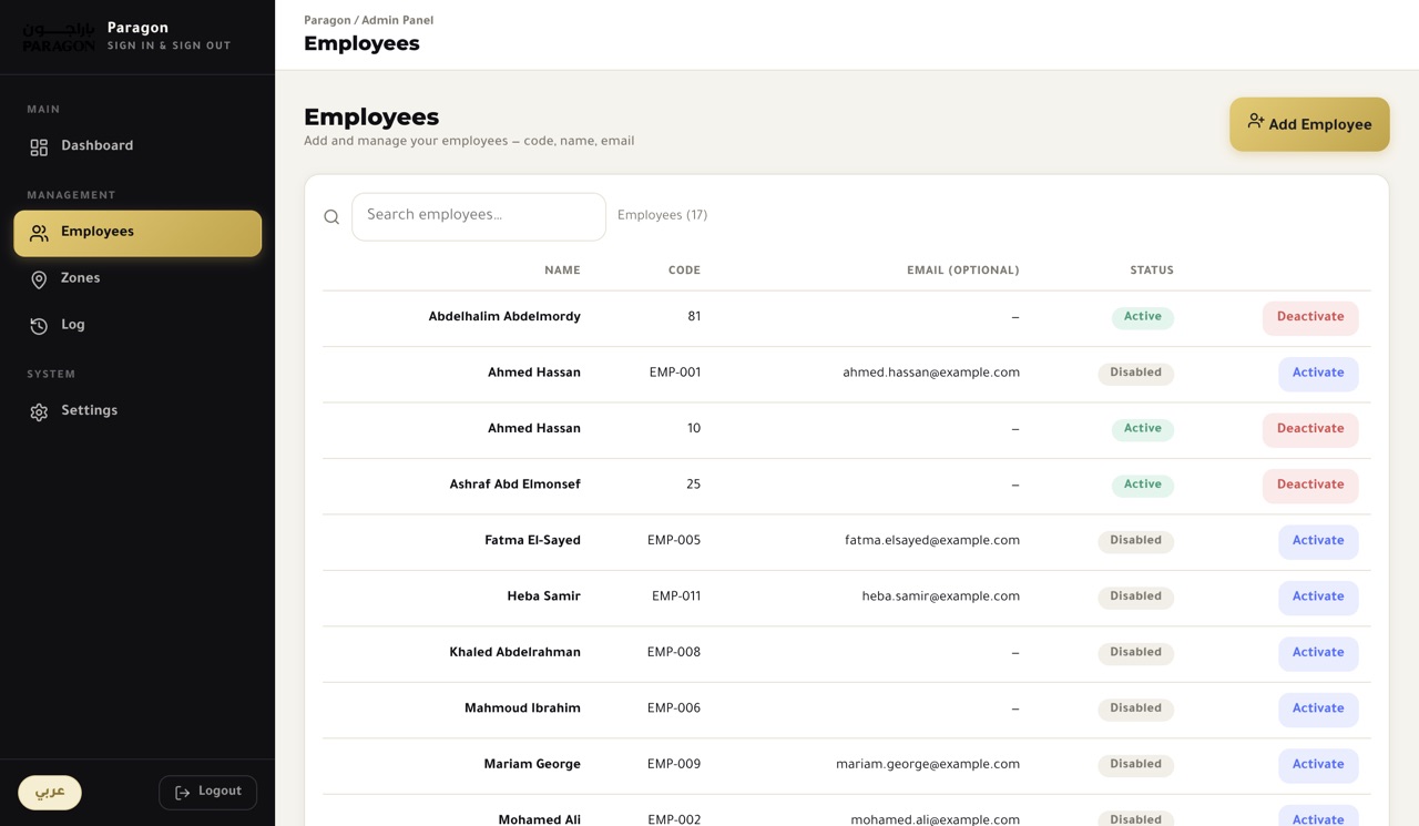 Admin employee directory with codes and status